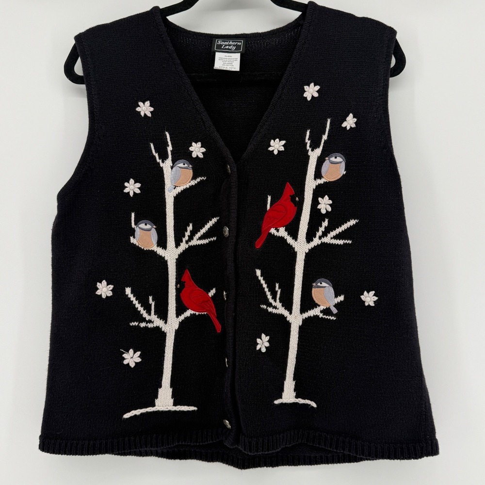 Southern Lady Vintage Black Bird Embroidered Knit Sweater Vest Size M Cardinal